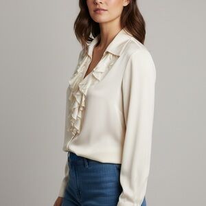 Cache Silk ruffled Blouse Rhinestone snap buttons romantic pirate Size Medium